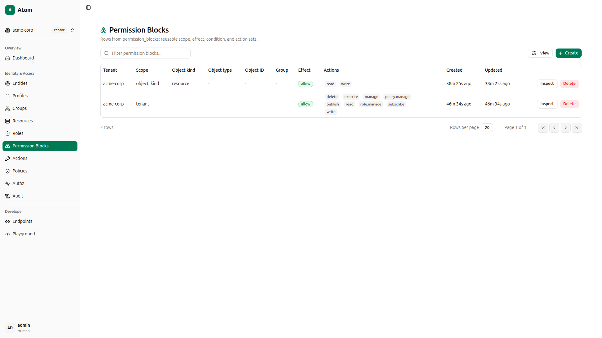 Permission blocks list