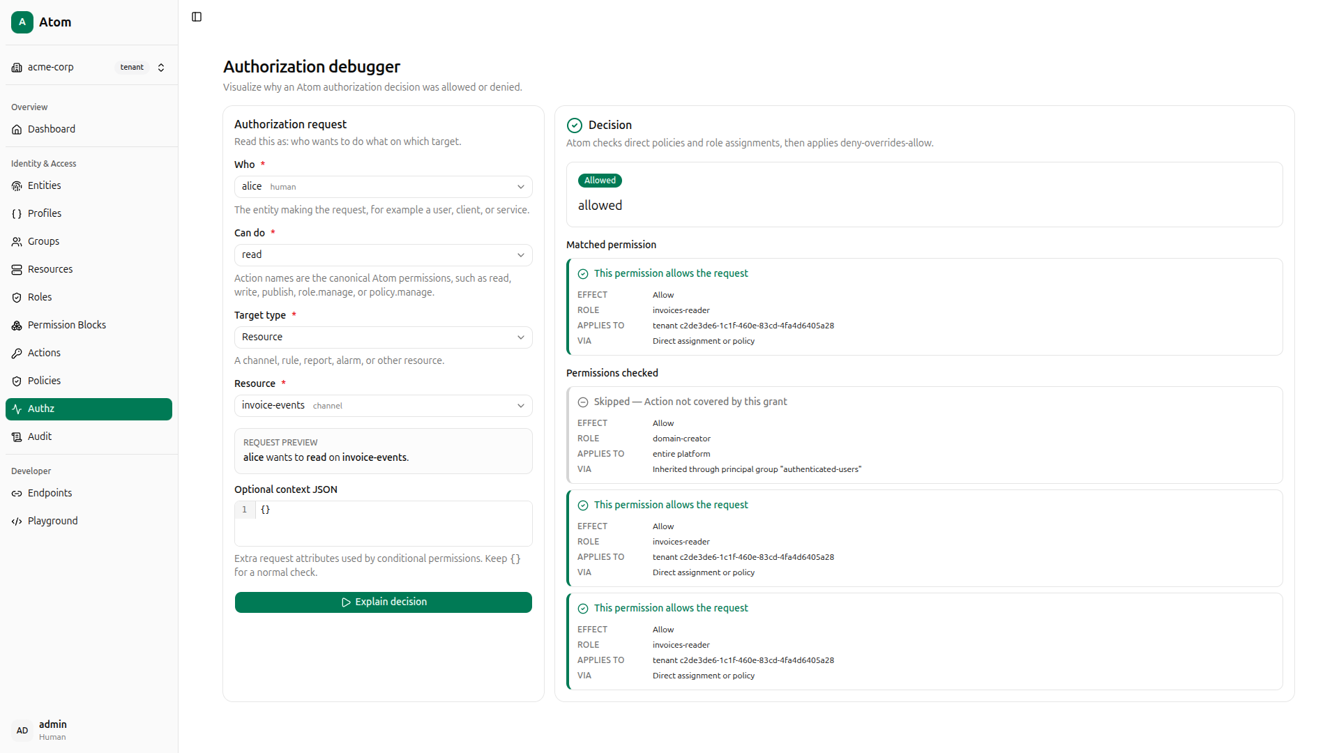 Authorization debugger — Alice allowed