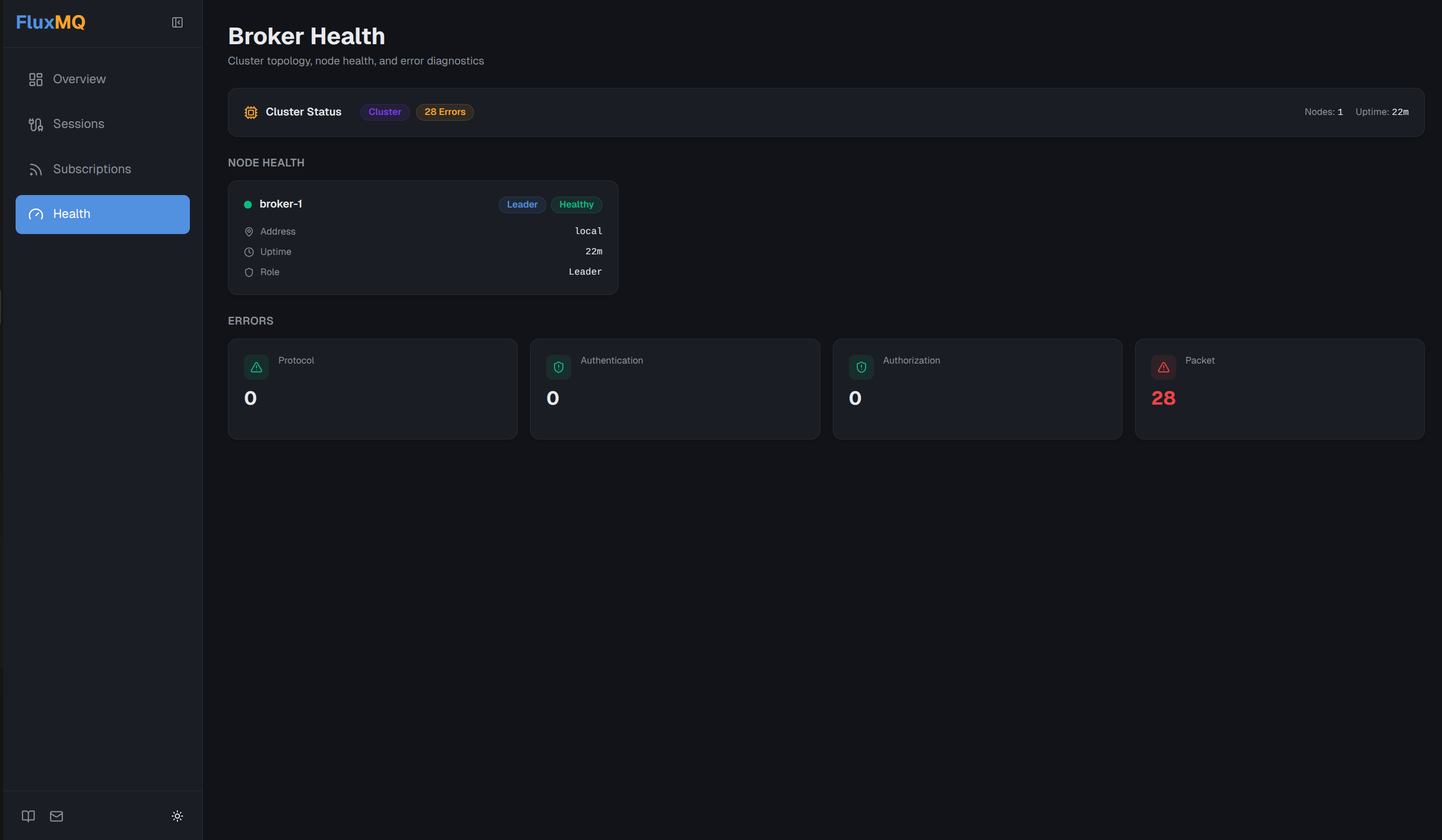 Broker Info page displaying runtime identity, uptime, and error counters