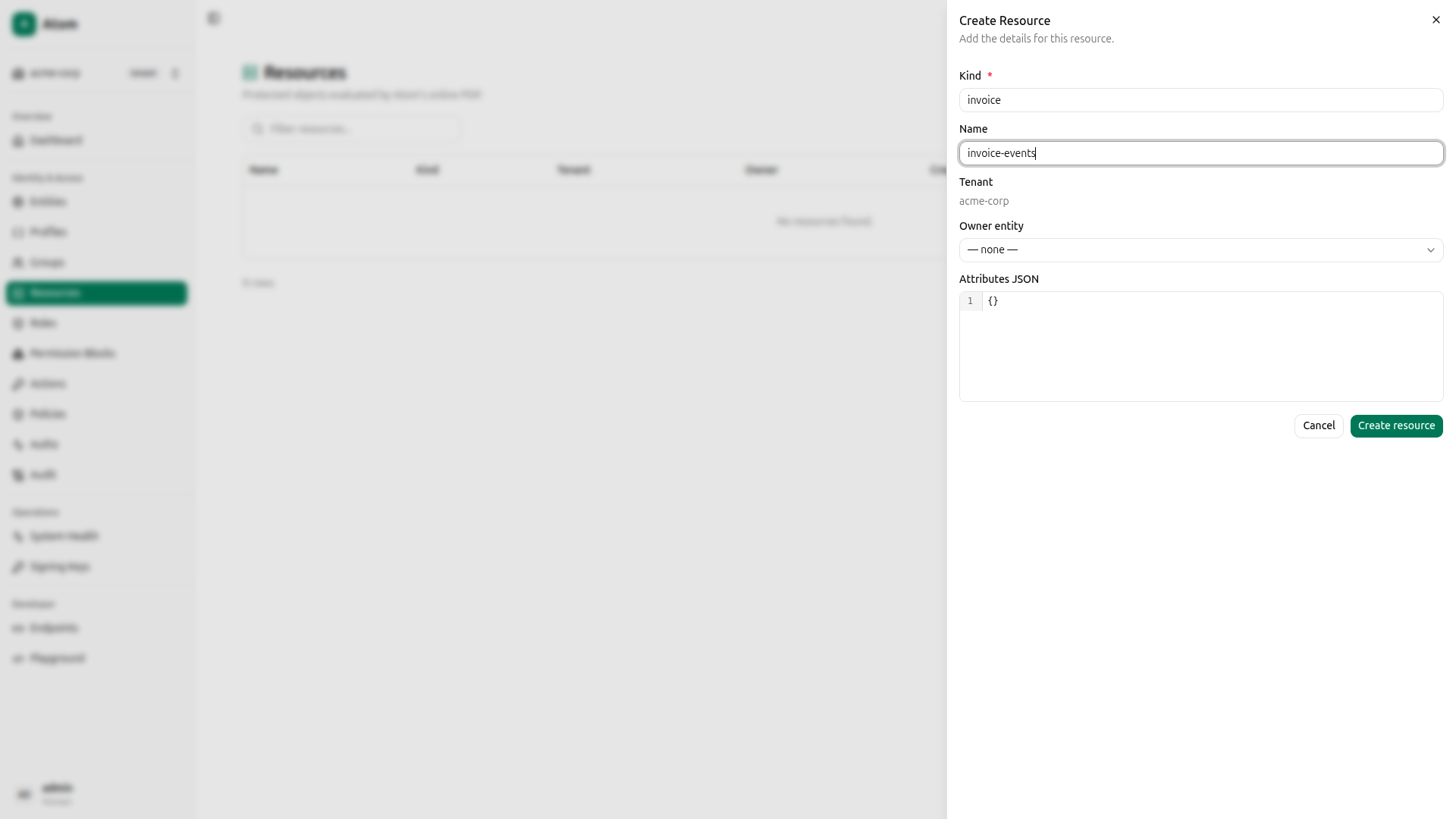 Create resource dialog