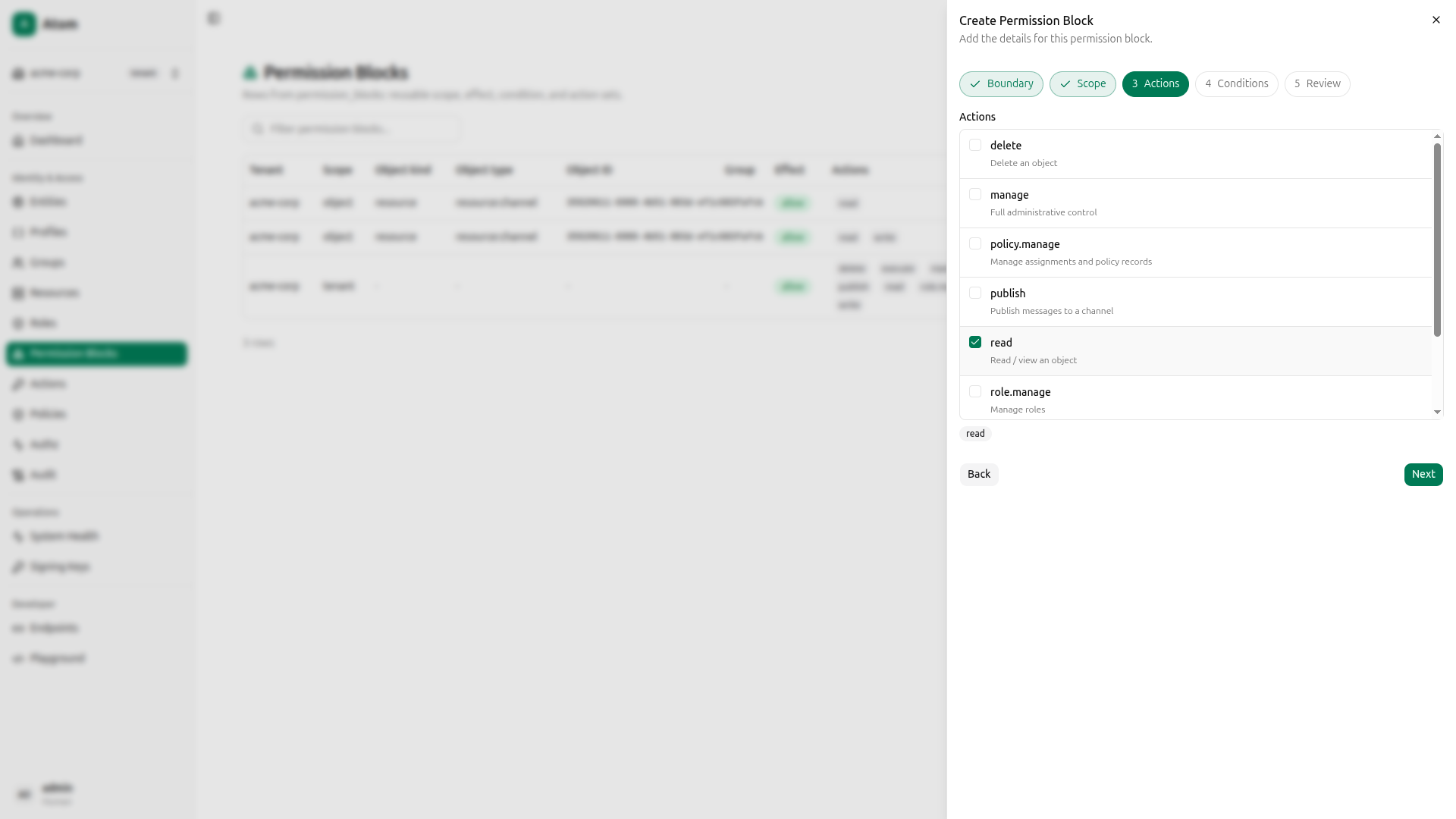 Permission block - step 3, action (read only)