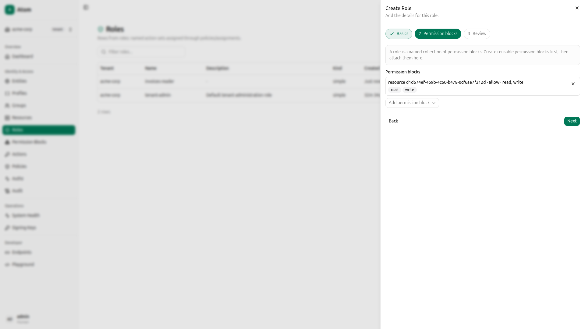 Role - step 2, attach read+write block