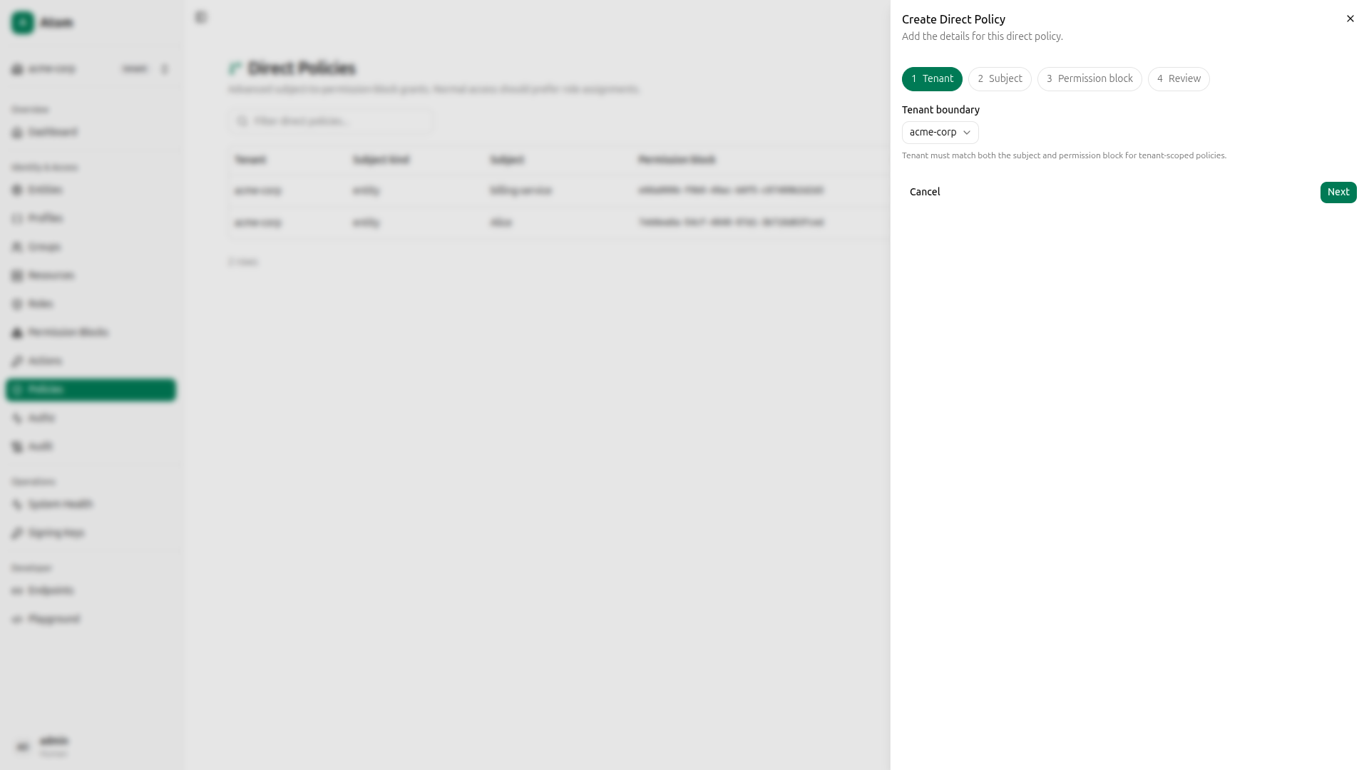 Direct policy - step 1, tenant (Alice)