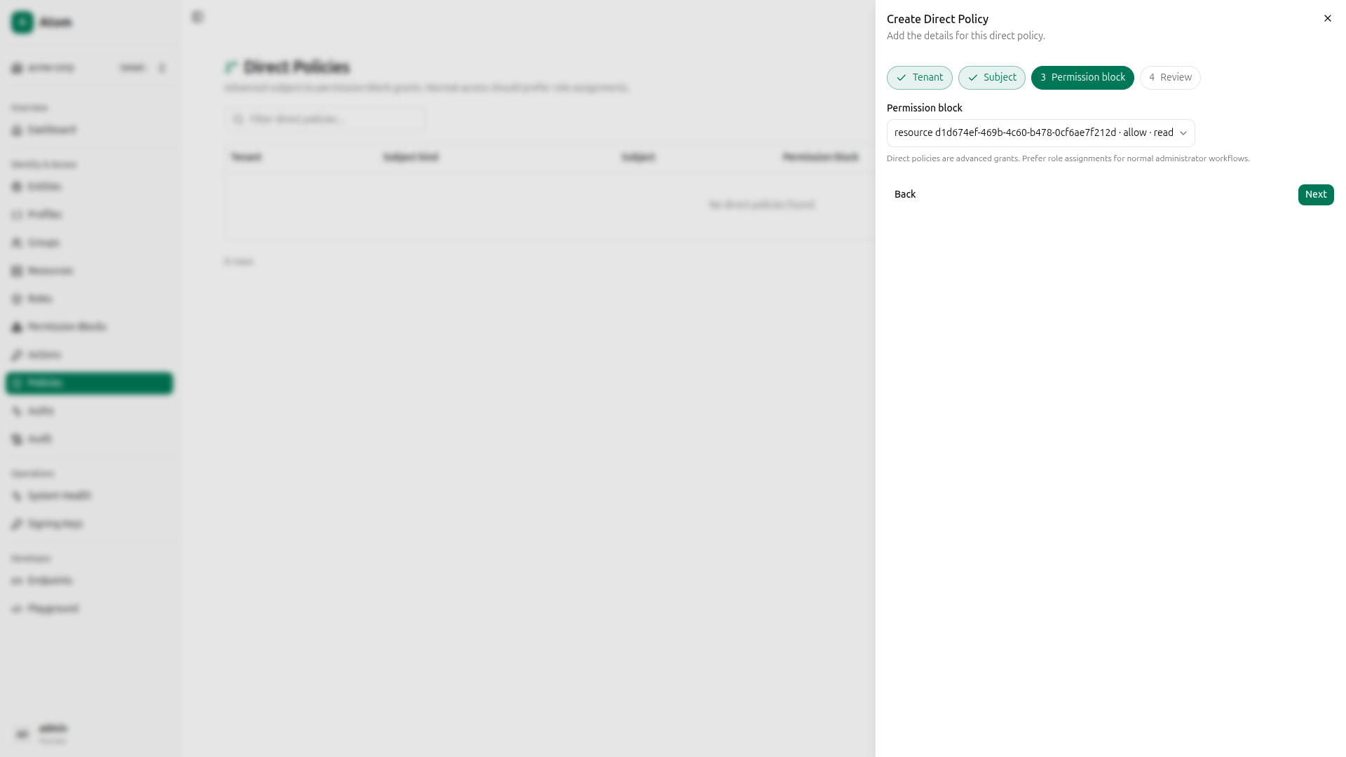 Direct policy - step 3, read-only block (Alice)