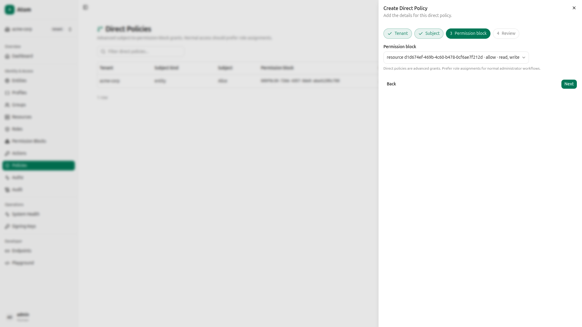 Direct policy - step 3, read+write block (billing-service)