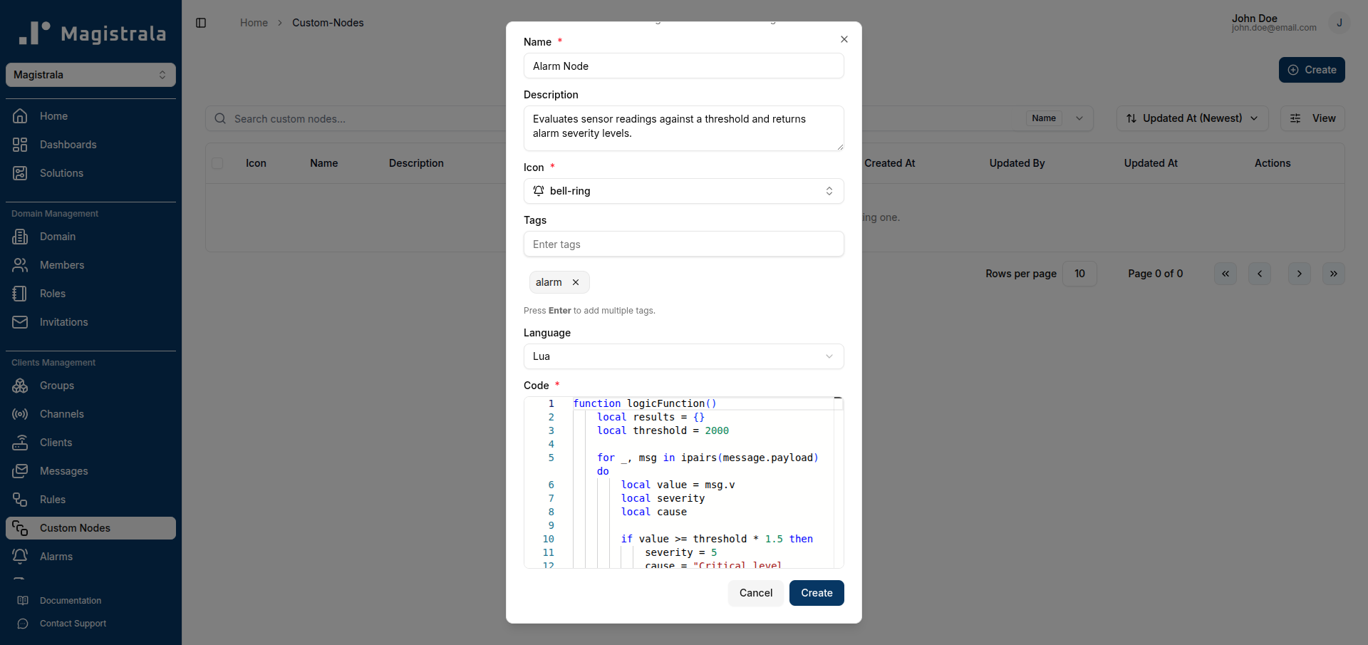 Filled-in Create Custom Node dialog